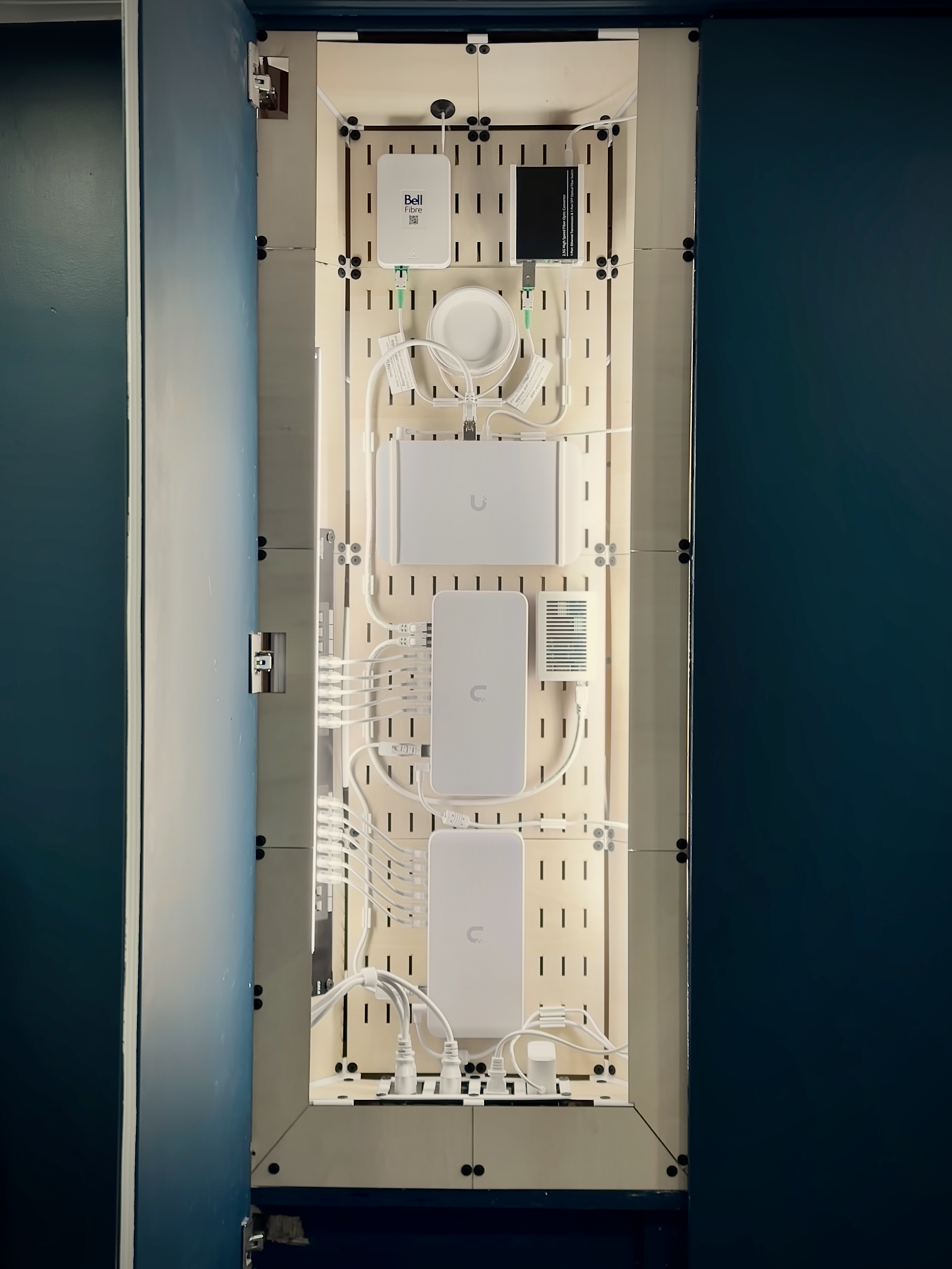 My finished (no-rack) homelab, inside a custom-built network cabinet.