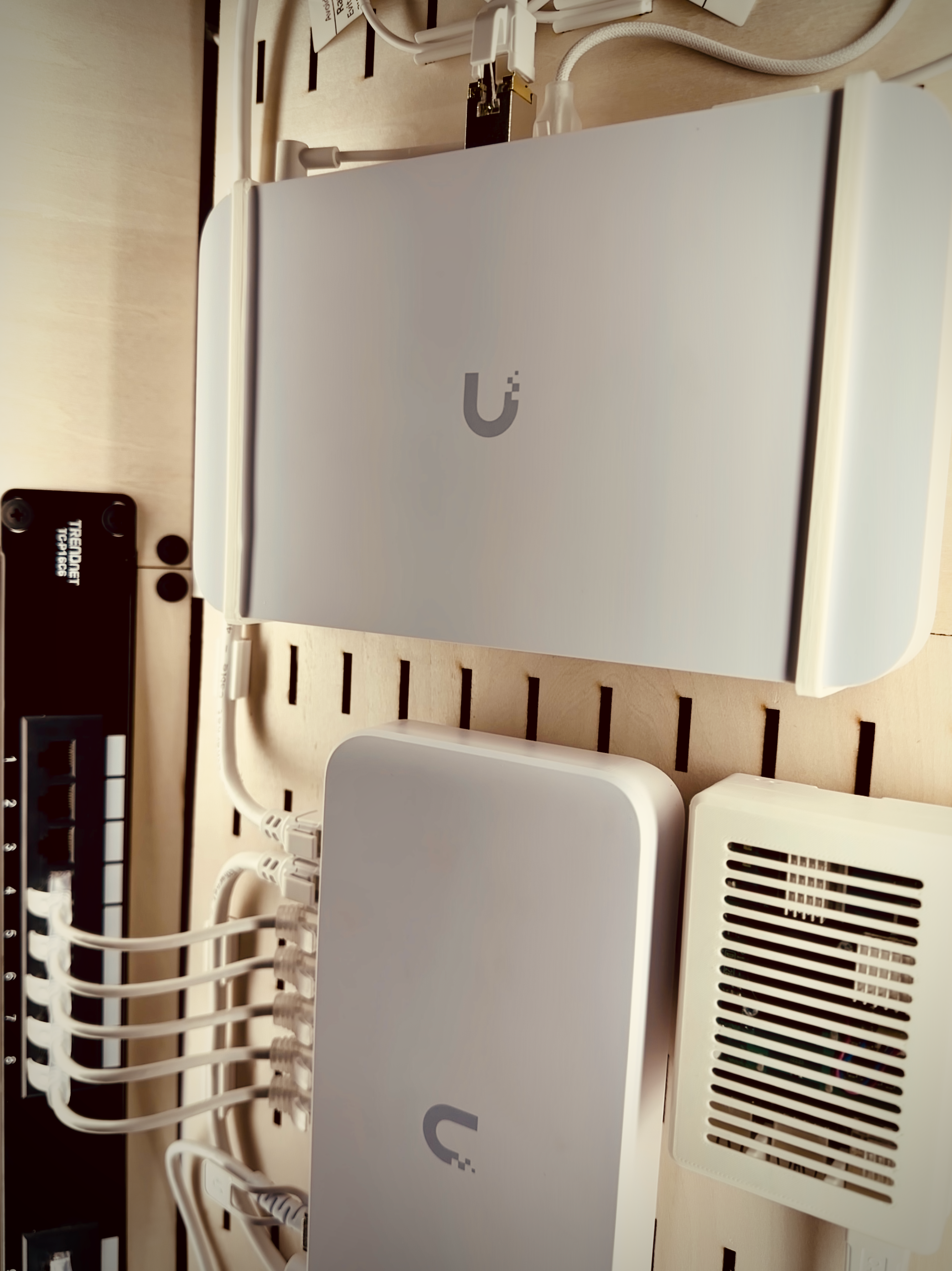 Patch panel, gateway, switch and a PoE+ powered Raspberry Pi 4 (running pi-hole and scrypted) in a custom-printed enclosure.