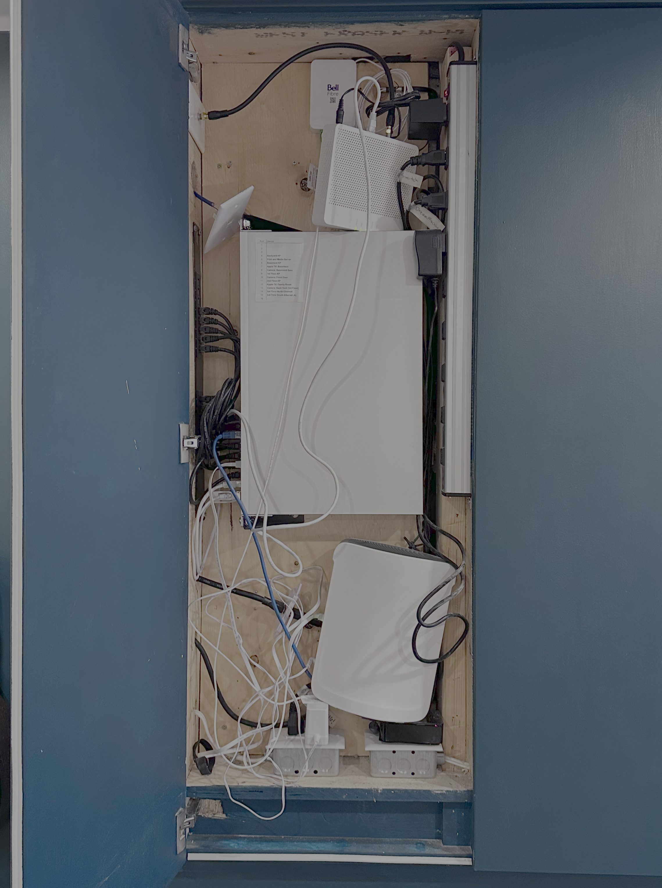 My messy network cabinet, with a UniFi Dream Machine Pro awkwardly side-mounted, my old cable modem above and the new Adtran below.